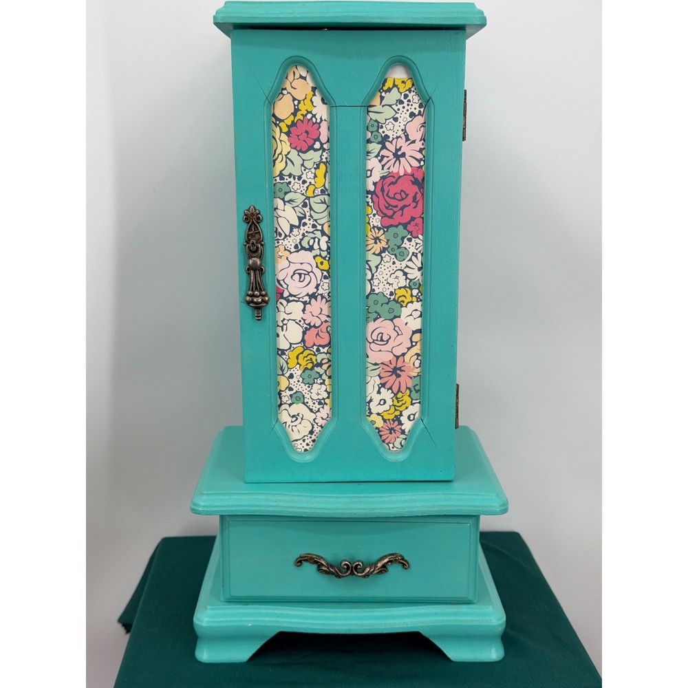 Vintage Hand Painted Turquoise Wooden Jewelry Armoire Floral Lining Necklace Box
